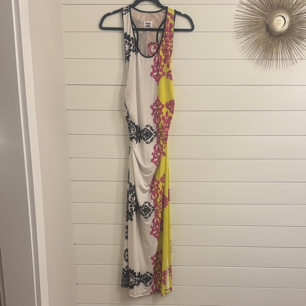 Floral Tank Maxi Dress with Black, Pink, and Yellow Accents + Slit